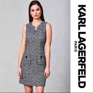 Karl Lagerfeld Paris- grey and black tweed sleeveless sheath dress. (6/8)?